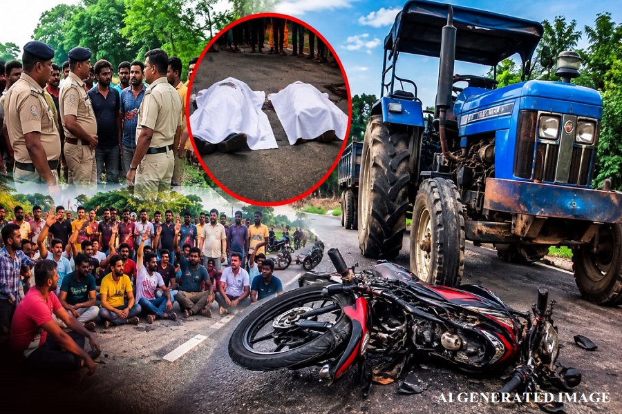 ट्रैक्टर-बाइक की भिड़ंत में 2 युवकों की मौत, सड़क पर शव रखकर किया प्रदर्शन