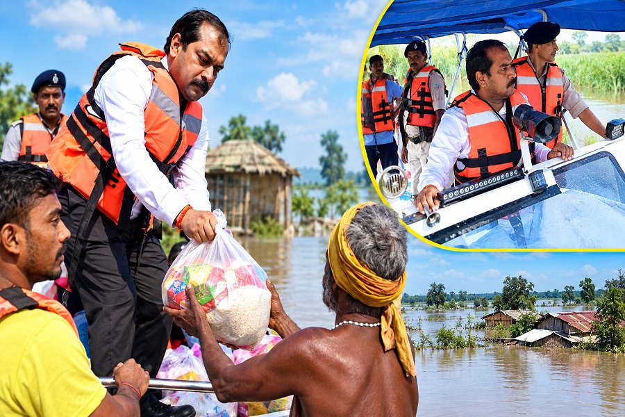 बाढ़ के बीच प्रभावित इलाकों में पहुंचे साहिबगंज DC, ग्रामीणों से जाना हाल; बांटी राहत सामग्री